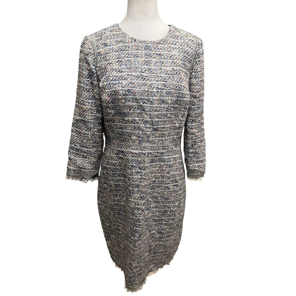 J.Crew Tweed Sheath Dress Blue Multi Fringe Metallic Sz10 Preppy Office Cocktail